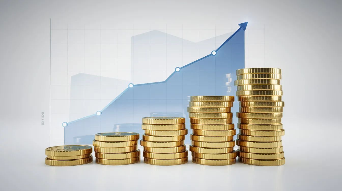 The image depicts a financial growth concept featuring a stack of coins alongside an upward trending graph, symbolizing the positive trajectory of Pakistan's economy. This illustration reflects the opportunities available through initiatives like the Roshan Digital Account for overseas Pakistanis.