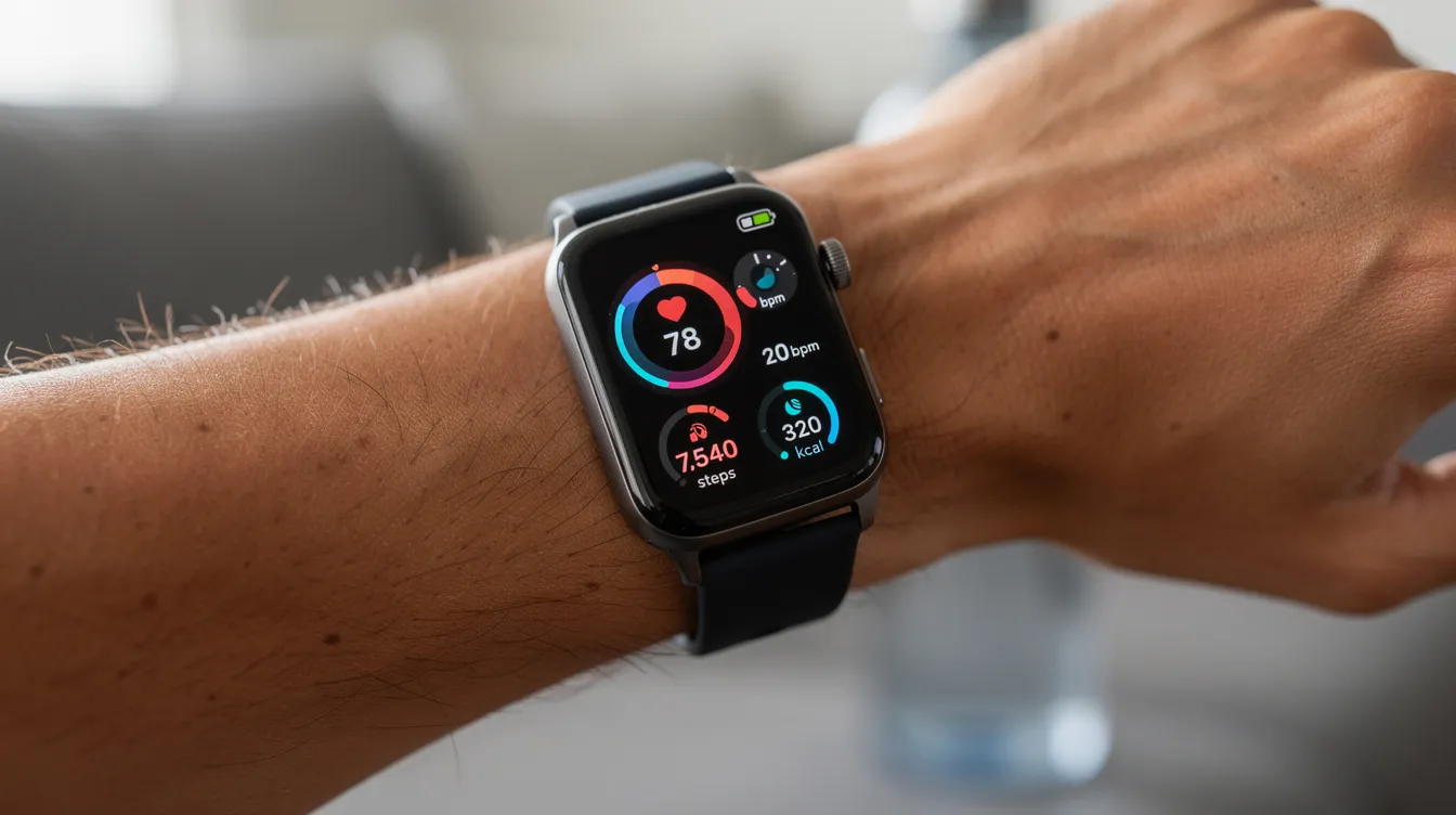 A close-up image of a smartwatch on a person&rsquo;s wrist displays various health metrics, including heart rate and sleep patterns, emphasizing the importance of monitoring sleep quality and the impact of sleep deprivation on overall health. The device serves as a reminder of the different sleep stages and cycles, crucial for maintaining a balanced sleep schedule.