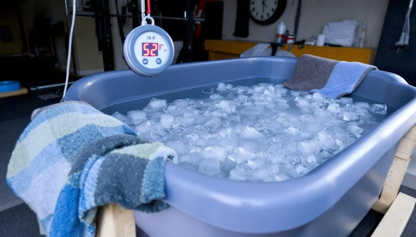 The image depicts a home ice bath setup featuring a thermometer that indicates the proper temperature for cold water immersion. This setup is ideal for post workout cold plunging, helping to enhance muscle recovery and reduce muscle soreness after intense workouts.