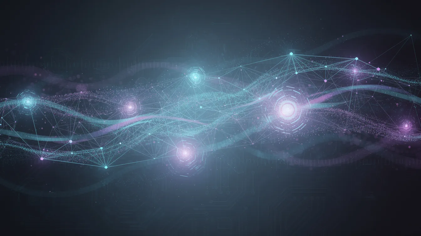 Abstrakcyjna wizualizacja przedstawia połączenia sieciowe, które symbolizują sztuczną inteligencję oraz analizę danych, ukazując zaawansowane technologie i automatyzację rozrachunków. Elementy graficzne sugerują integrację różnych systemów oraz automatyczne generowanie raportów w czasie rzeczywistym.