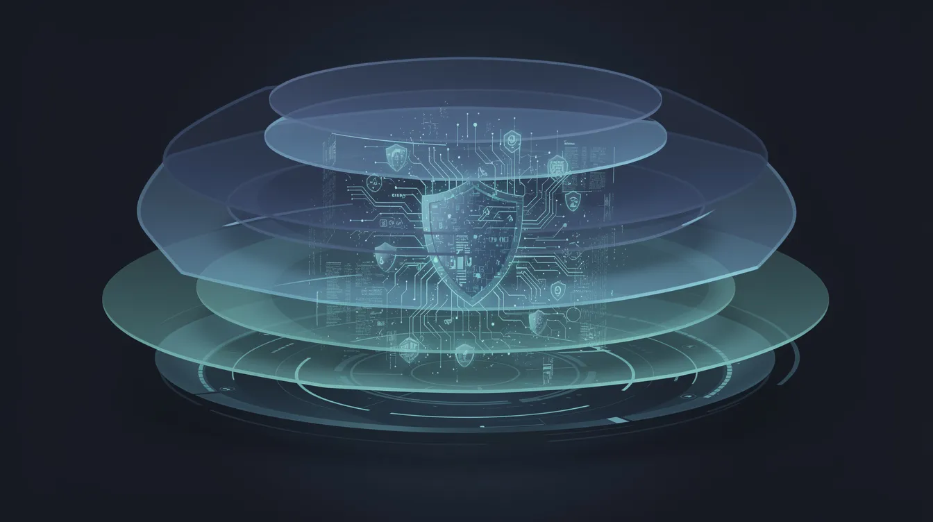 The image depicts a secure testing environment concept featuring layered translucent shields in navy and teal tones, symbolizing the protective measures in place for AI systems. This visual emphasizes the importance of AI safety research and human oversight in the development of rapidly advancing technology, addressing both the benefits and risks associated with artificial intelligence.