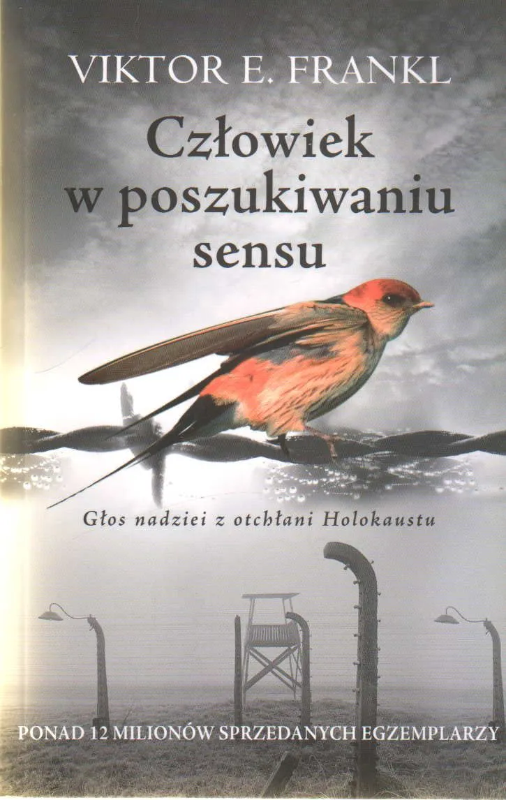 Okładka książki "Człowiek w poszukiwaniu sensu" przedstawia tytuł książki oraz nazwisko autora w dużych, czarnych literach na górze. 