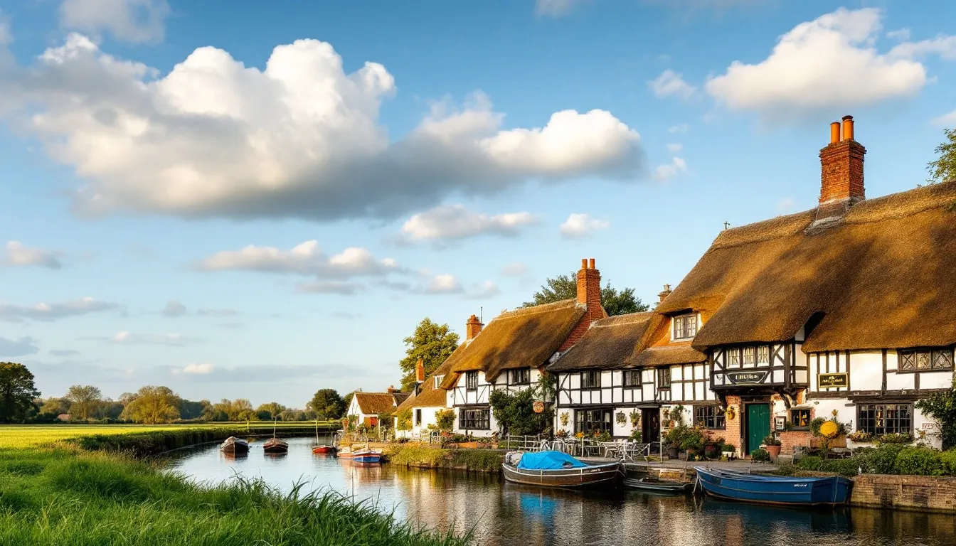 A picturesque historic Thames-side village features charming traditional cottages, a cozy riverside pub, and boats gently moored along the river, creating a serene atmosphere. This community is known for its relatively affordable property prices and excellent transport links, making it one of the best places to live near Reading.