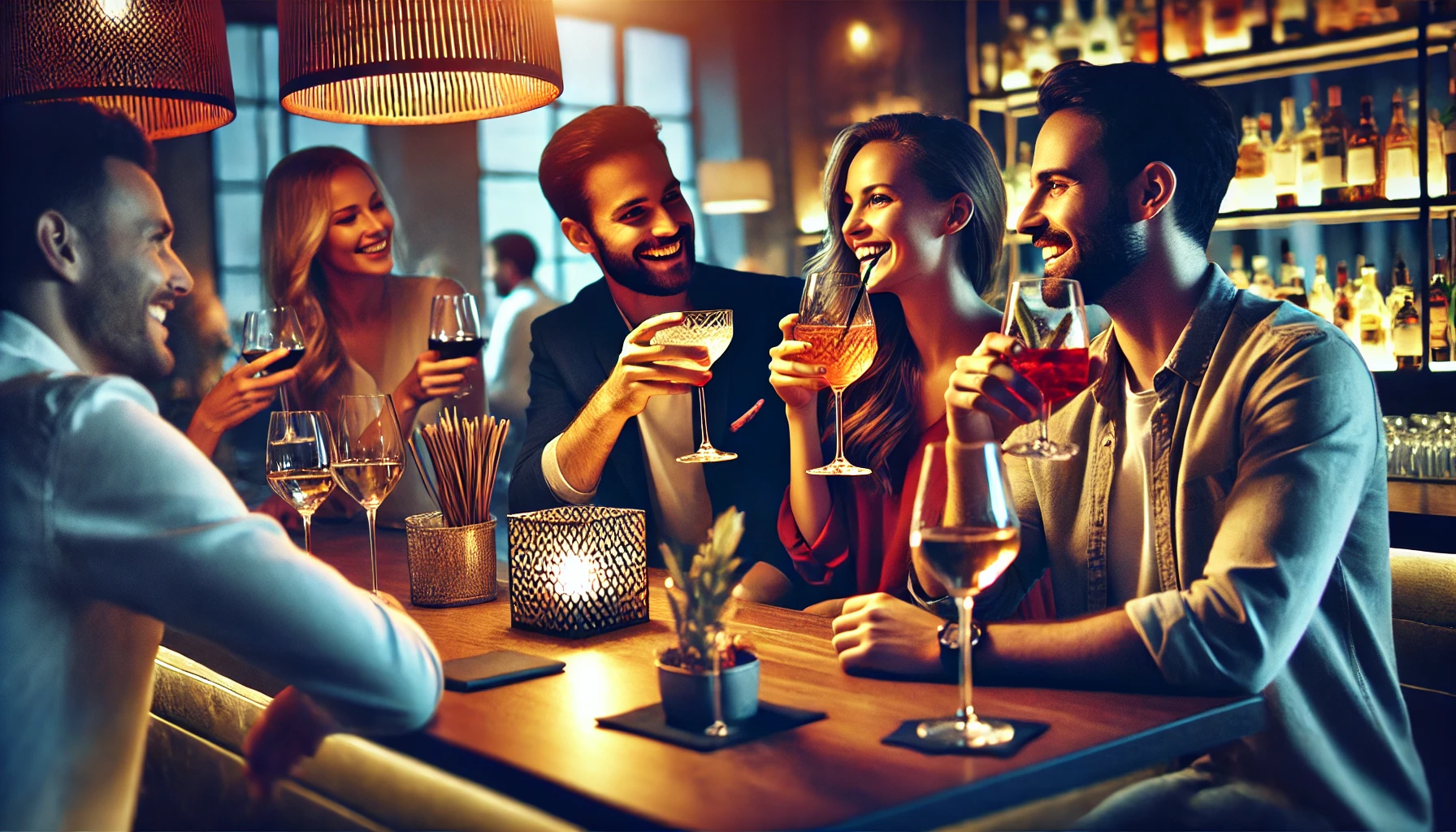 Two couples socializing together at a stylish bar