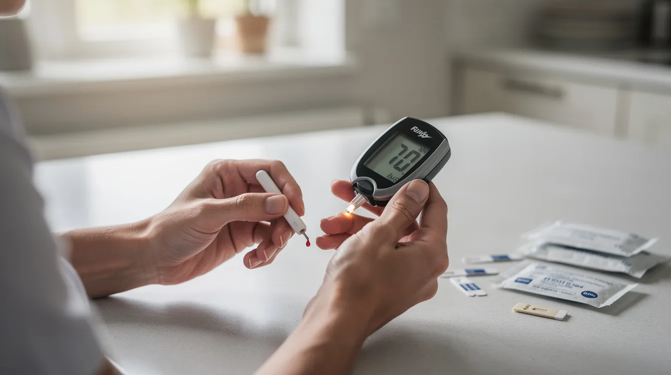 A person is checking their blood glucose levels with a monitoring device, focusing on blood sugar control to manage their health and improve insulin sensitivity. This practice is essential for maintaining metabolic health and can aid in weight loss and overall longevity.