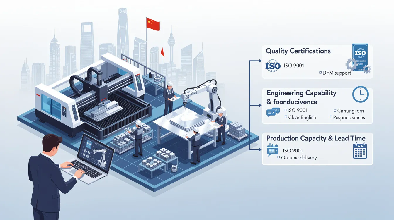 The image depicts a modern manufacturing facility in China specializing in precision sheet metal fabrication. Various machines, including CNC machining tools and laser cutters, are visible, showcasing the advanced technology used to create custom sheet metal parts and components for different industries.