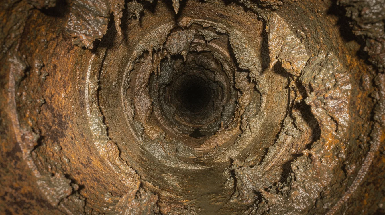 The image shows a close-up view of the interior of a corroded old cast iron sewer pipe, highlighting heavy scale buildup and rough surfaces that could lead to costly repairs and slow drains. This visual emphasizes the importance of sewer camera inspections to identify potential issues within the plumbing system.