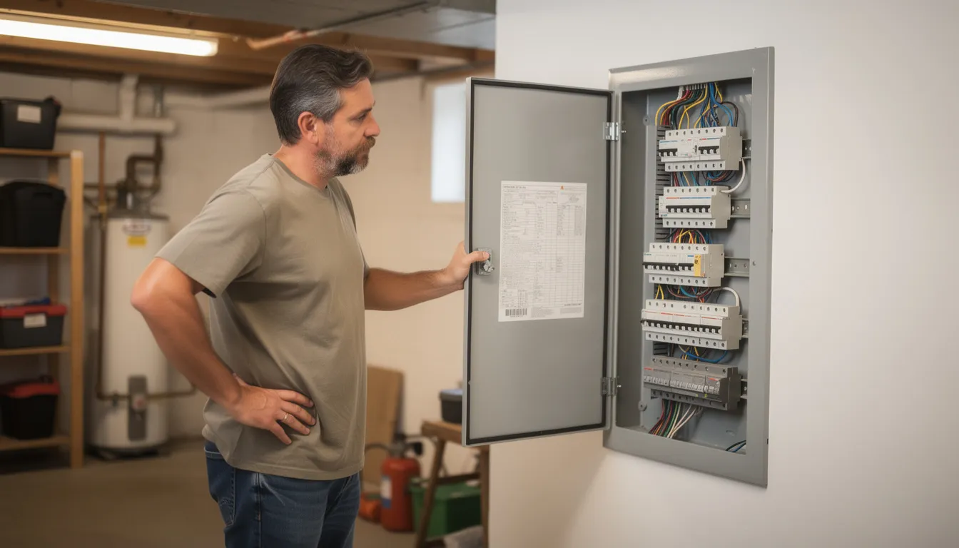 A homeowner is examining a modern electrical panel in their home, which features circuit breakers and safety switches, ensuring electrical safety and reliability. This upgrade enhances the existing electrical system, providing peace of mind and compliance with safety standards for modern living.