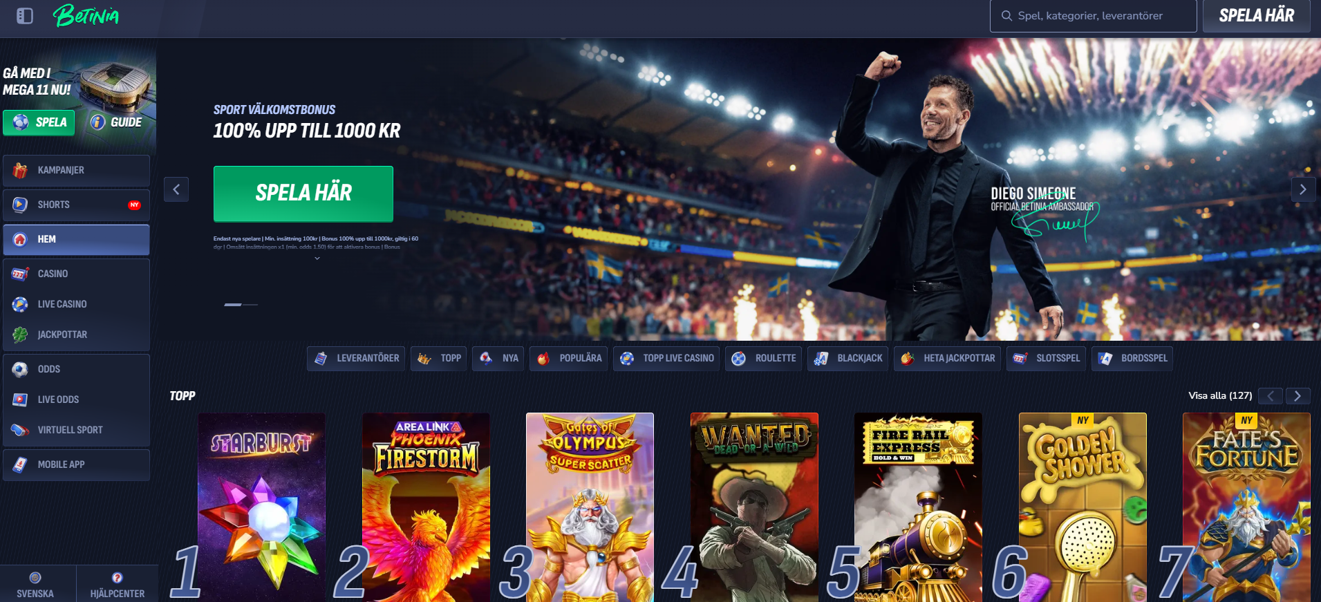 Betinias startsida med sportbonus, casino, betting och populära casinospel.