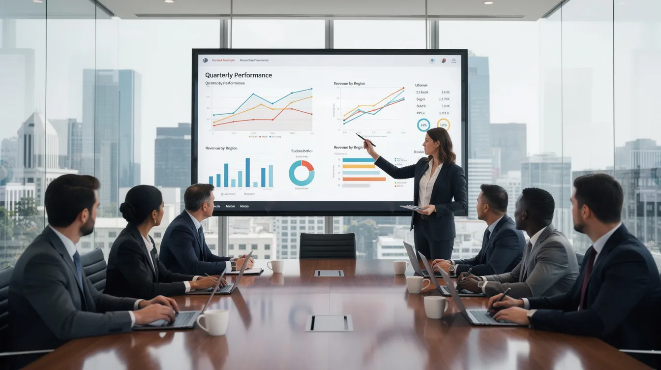 In a modern conference room, a group of professionals is engaged in reviewing financial data analytics on a large wall-mounted display. They are collaborating to gain actionable insights from complex datasets, focusing on improving the financial health of their institution.