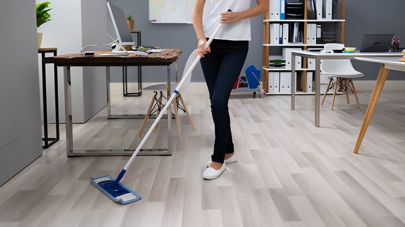 mopping of office floor using flat microfiber mop