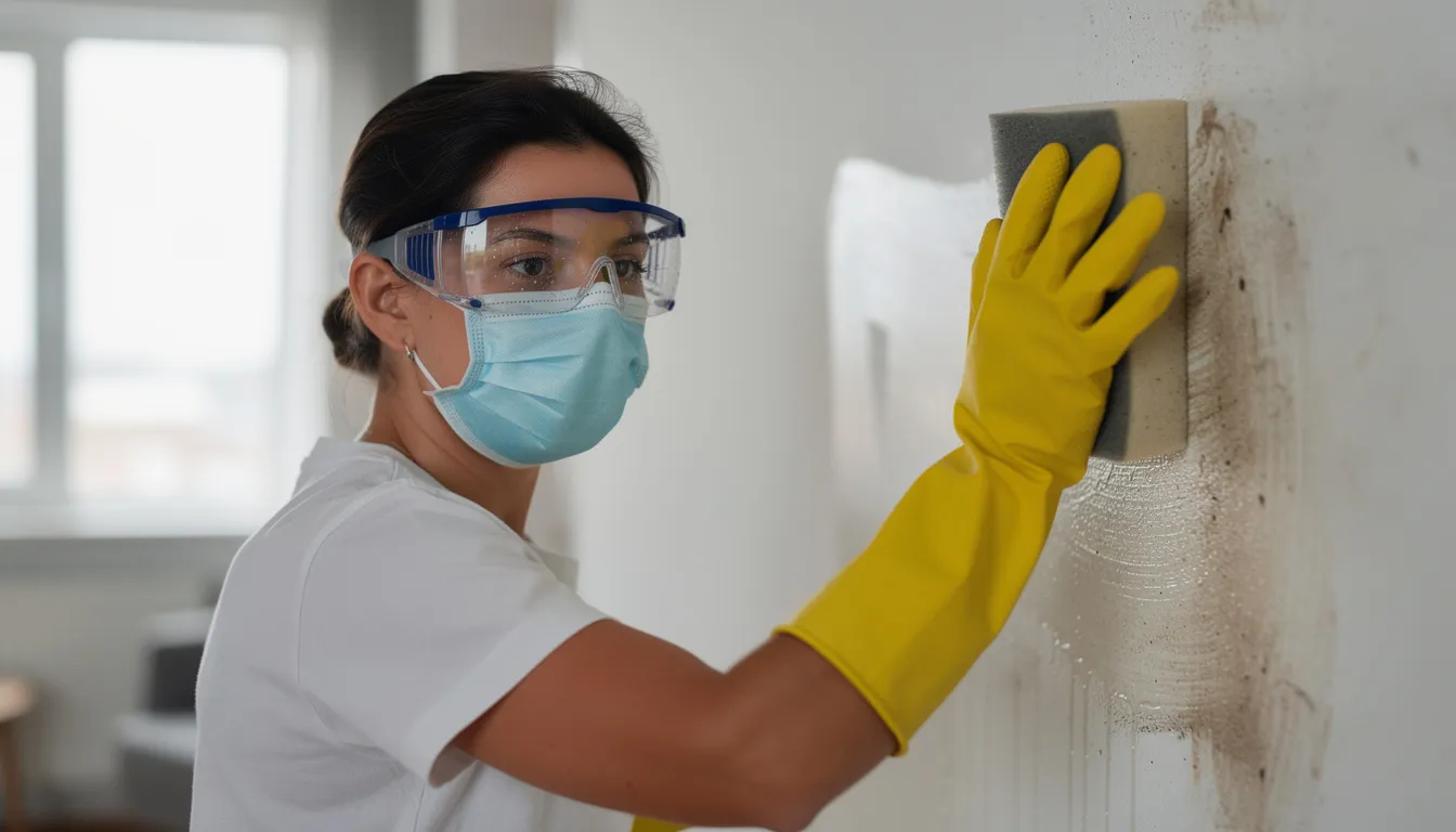 A person is wearing rubber gloves, a face mask, and safety goggles while cleaning a wall with a spray bottle, focusing on removing black mold and mold spores. The individual is in a damp area, emphasizing the importance of proper ventilation and indoor air quality to prevent future mold growth.