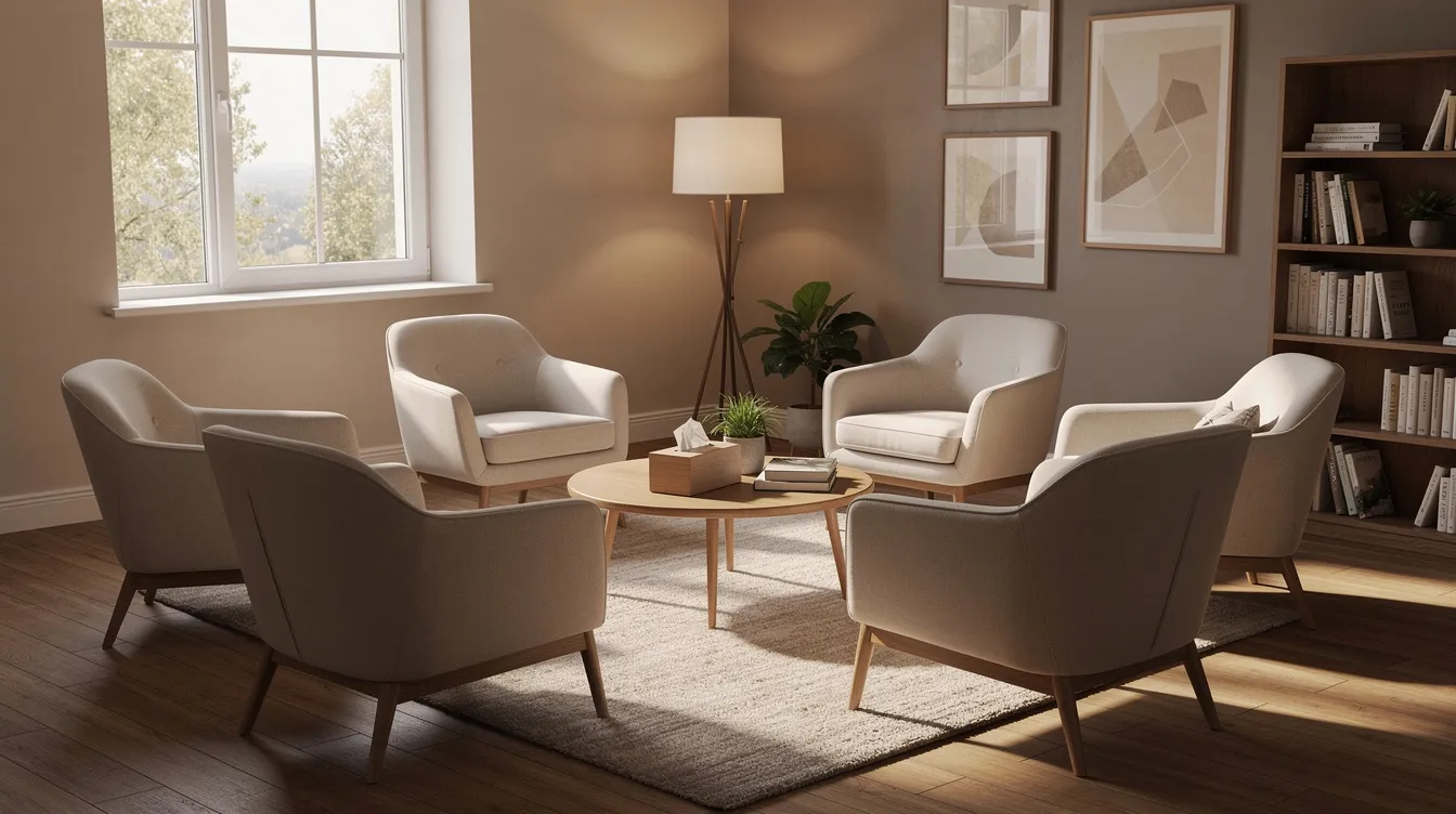 The image depicts a warm and well-lit therapy room featuring comfortable seating arranged in a circle, ideal for group therapy sessions focused on addiction recovery. This supportive and nurturing environment is perfect for couples rehab programs, fostering mutual support and relationship healing during the recovery journey.