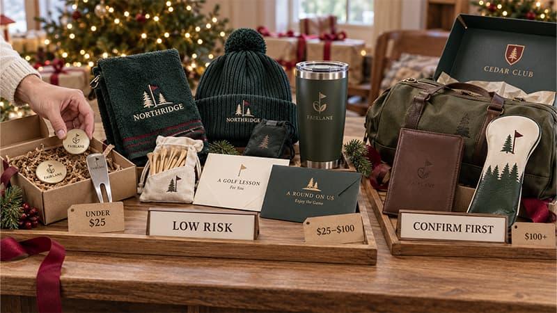 Golf Christmas gift quick picks organized by budget and buying risk, including markers, towels, winter accessories, vouchers, headcovers, and travel bags.