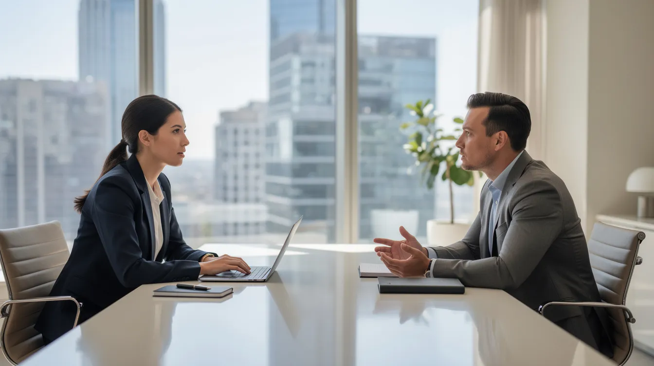 The image shows two professionals engaged in a discussion at a modern office desk, with a stunning city skyline visible through the large window behind them. This setting underscores the importance of financial decisions, such as those involving 網上貸款 and 實際年利率, as they navigate their business conversations.