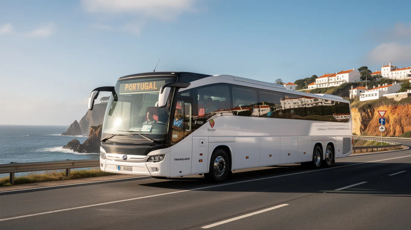 Imagem de um ônibus de transporte rodoviário em Portugal, com passageiros embarcando e desembarcando em uma estação. O veículo é um exemplo de como as viagens entre cidades são facilitadas por serviços de transporte, proporcionando qualidade e conforto aos viajantes.