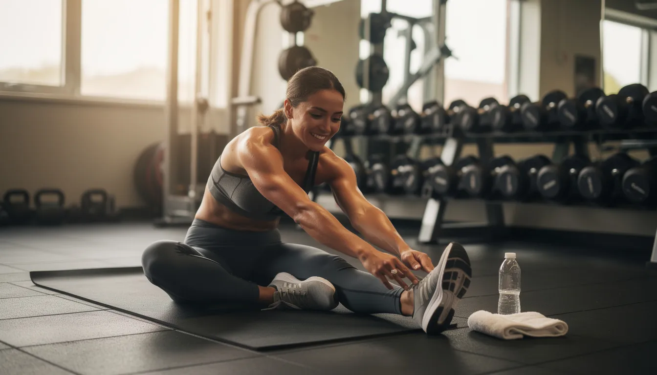 A person is stretching in a gym setting after a workout, emphasizing the importance of recovery for muscle function and endurance. This scene highlights the role of nmn supplementation in enhancing mitochondrial function and improving muscle recovery after physical activity.