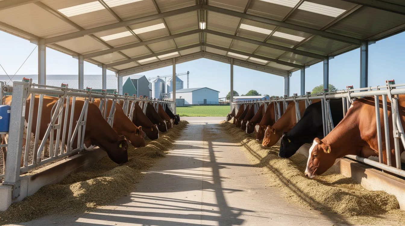 fb755441 f285 4297 82bc b95177402dbc The image depicts a well-maintained dairy farm featuring healthy cattle housed in a clean covered shed, equipped with automatic feeding systems that ensure efficient management and risk mitigation in dairy production. This setting highlights the importance of sensitivity analysis in optimizing dairy farm operations and enhancing the success of milk production.
