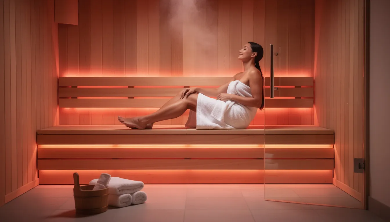 A person is seen relaxing peacefully in a wooden infrared sauna, surrounded by warm, soothing light. This sauna session promotes health by potentially reducing inflammation and improving blood flow, which can benefit those with chronic pain and conditions like rheumatoid arthritis.