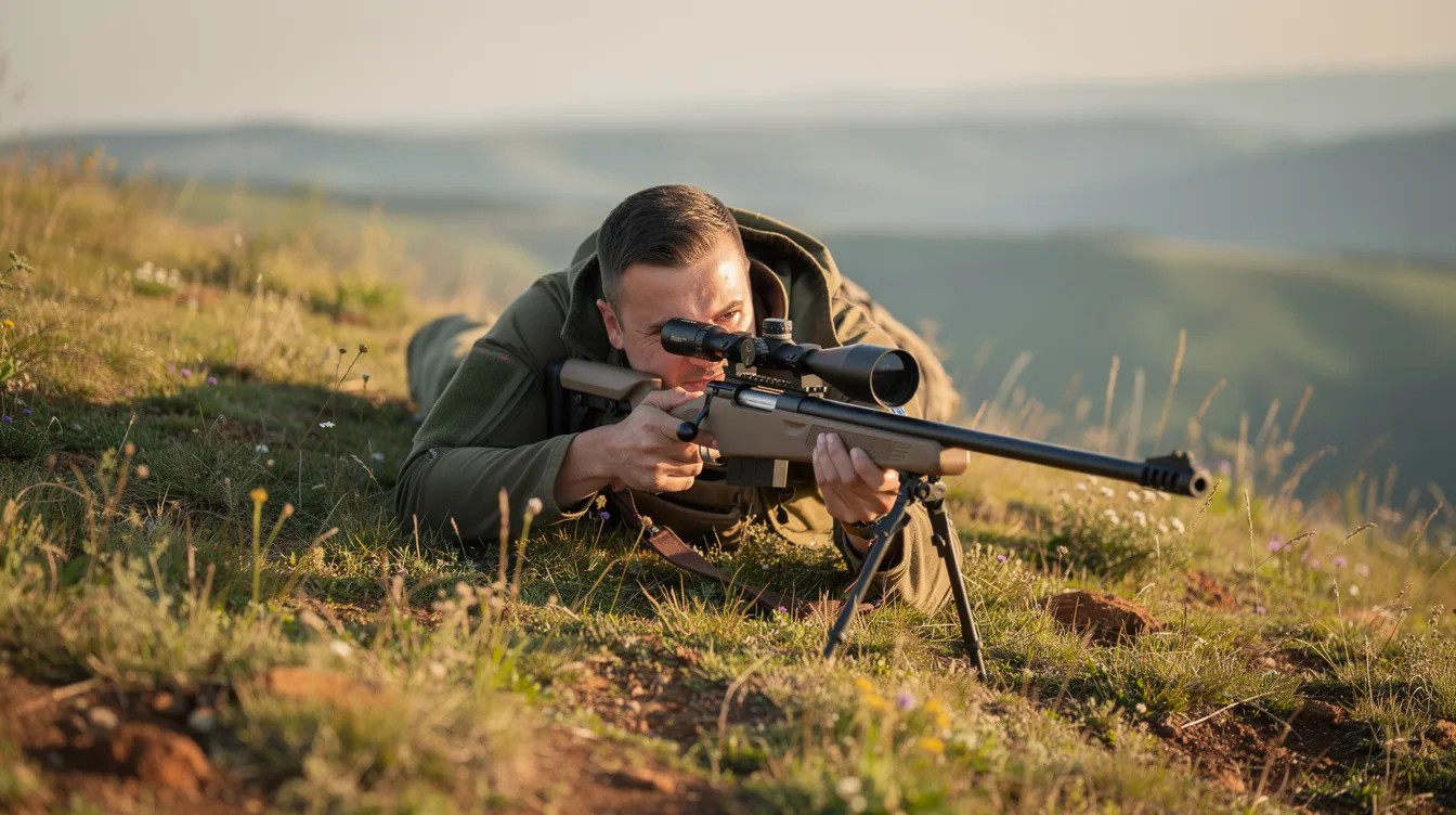 alaska arms shooters A shooter is lying prone on a grassy hillside, achieving a solid cheek weld behind a scoped bolt-action rifle, ensuring proper eye alignment for long-range accuracy. The scene emphasizes the importance of selecting the right scope ring height to maintain a natural head position and quick target acquisition.