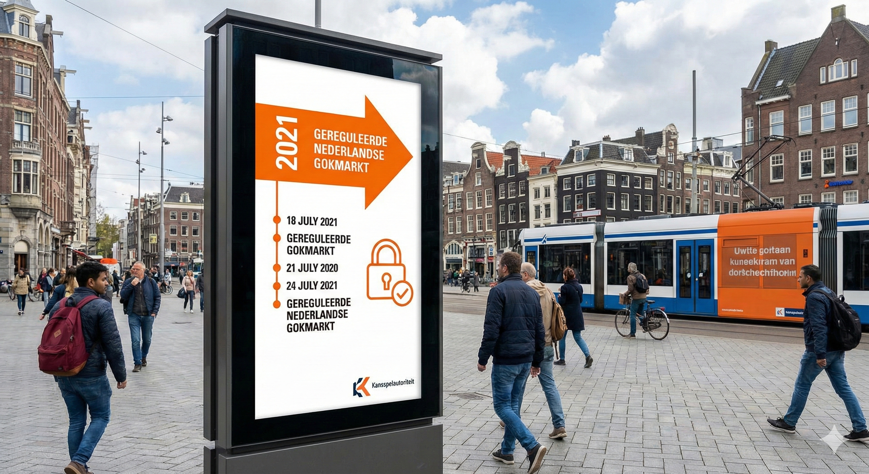 Informatiepaneel op straat in Amsterdam over de gereguleerde Nederlandse gokmarkt, met jaartallen en logo van de Kansspelautoriteit, terwijl voetgangers en een tram op de achtergrond te zien zijn.