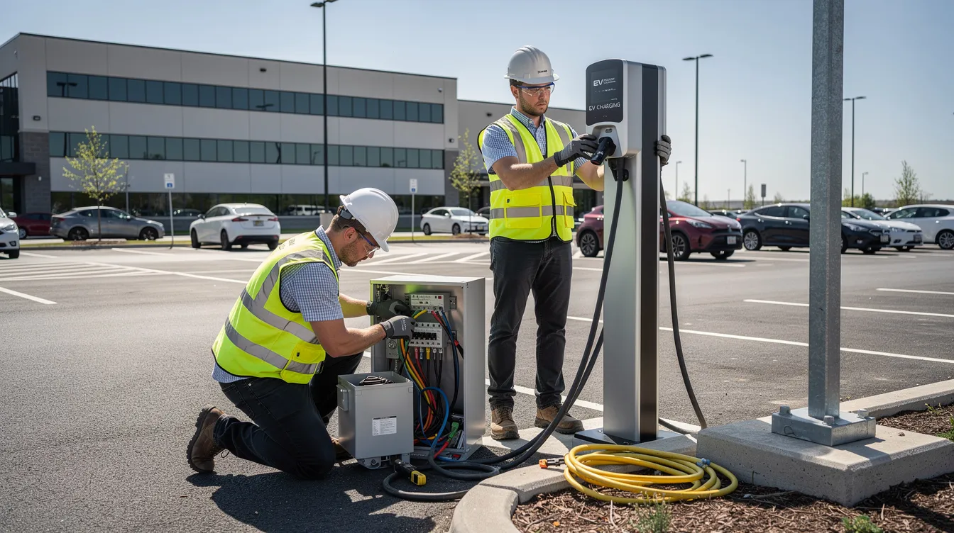 Two EVITP certified electricians are seen installing electric vehicle supply equipment (EVSE) at a commercial parking lot, demonstrating their expertise in electric vehicle infrastructure. The installation is part of a broader effort to enhance electric vehicle charging infrastructure in compliance with California Energy Commission regulations.