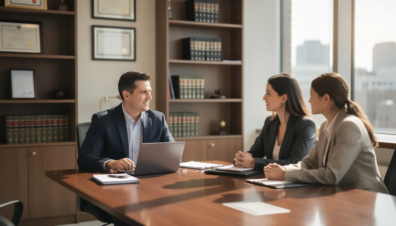 The image depicts a professional attorney meeting with clients in a modern office, discussing details related to a medical malpractice claim. The atmosphere is focused and serious, reflecting the importance of legal representation in navigating medical negligence cases.