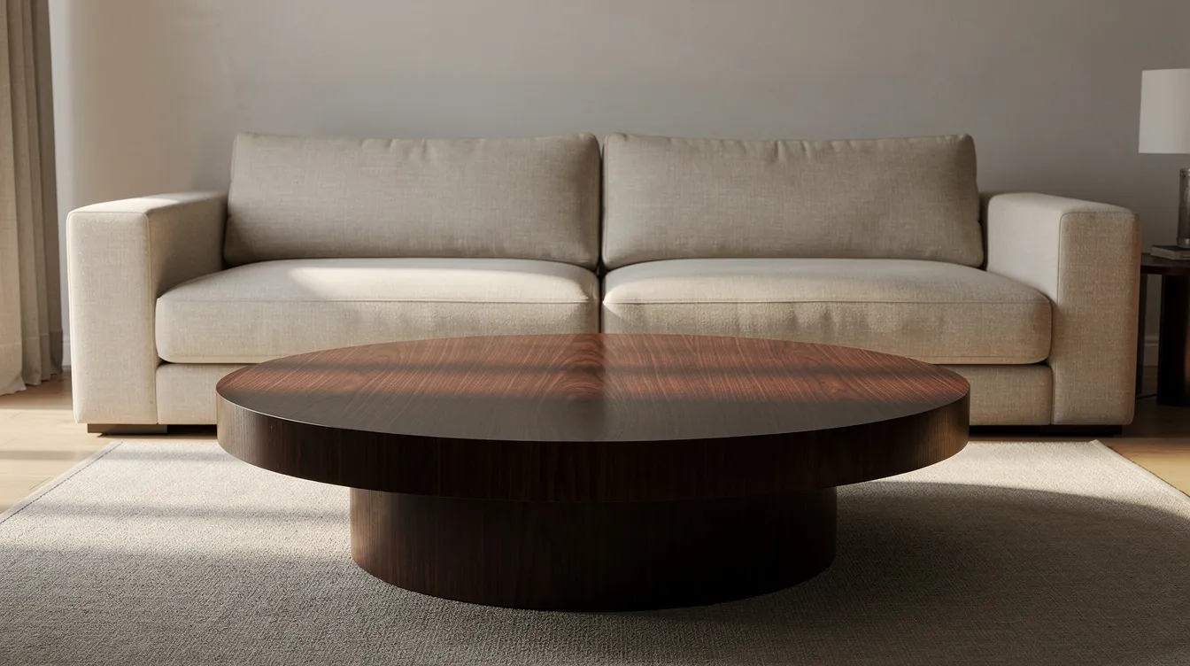 Ett runt soffbord i valnötsfaner står placerat framför en beige soffa, vilket skapar en harmonisk och stilren atmosfär i vardagsrummet. Bordet är både praktiskt och dekorativt, perfekt för att förvara böcker eller visa upp snygga inredningsdetaljer.