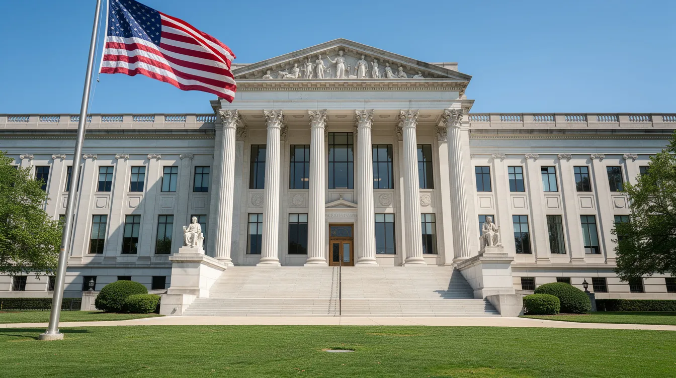 The image depicts a grand government building featuring tall columns, with an American flag waving in front. This setting symbolizes the authority and regulation surrounding federal law, including legislation related to hemp and marijuana plants.
