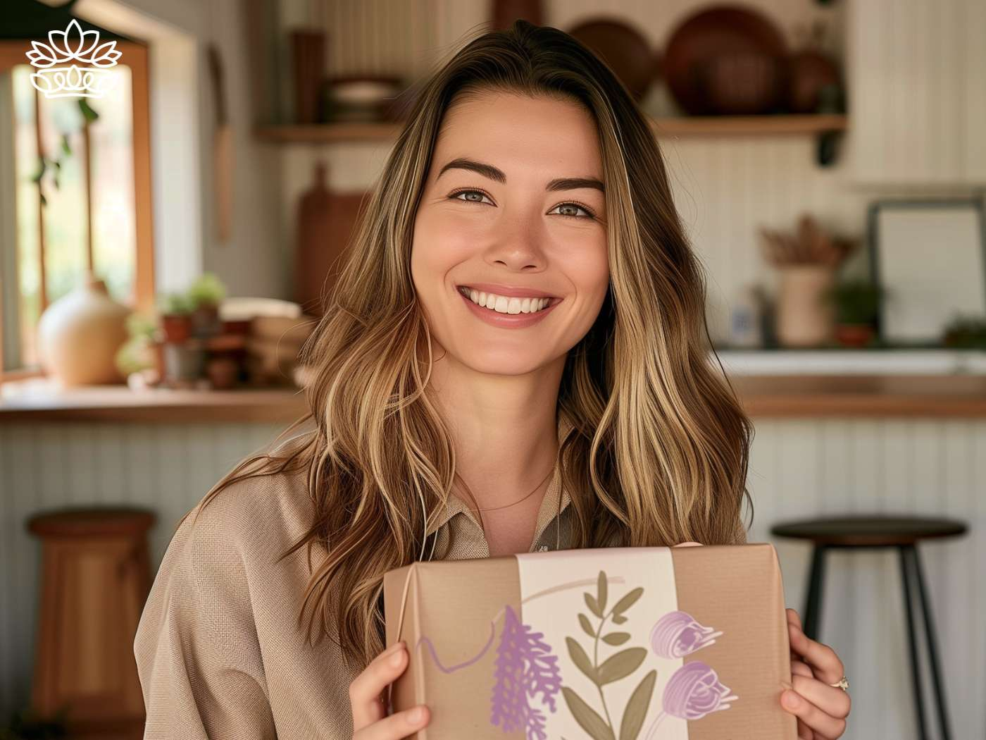 A woman with a beaming smile holding a beautifully decorated gift box from the 'All Gift Boxes' collection, showcasing the quality and joy offered by Fabulous Flowers and Gifts