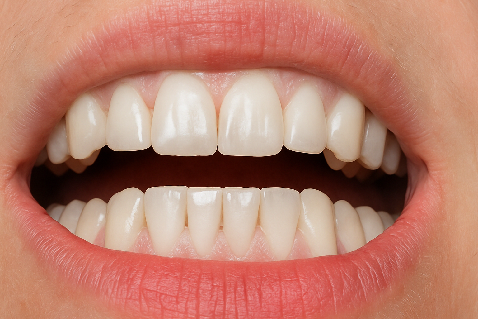Åpen munn med lysehvite tenner og bleke tannkjøttkanter, viser tydelig kontrast mellom tenner, tannkjøtt og lepper.
