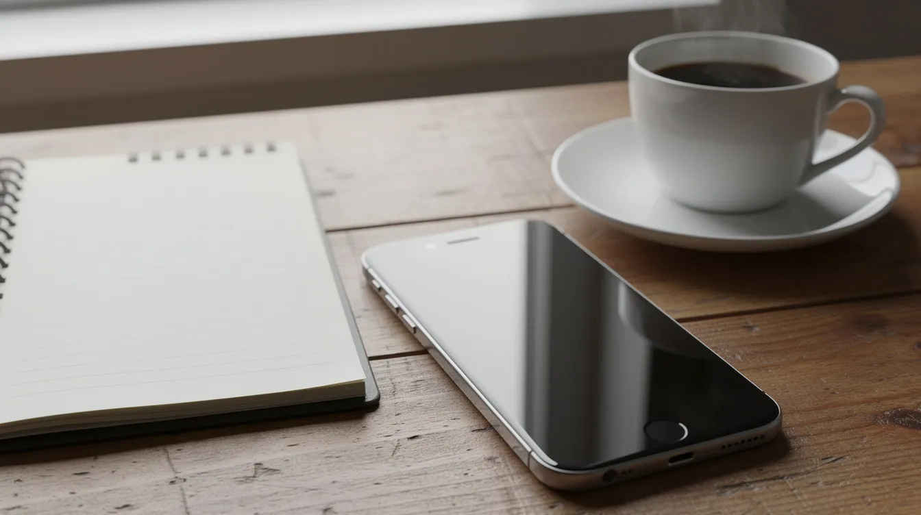 An iPhone is placed on a wooden desk beside a notebook and a steaming cup of coffee, creating a cozy workspace ideal for managing business expenses and tracking finances. The scene suggests a productive environment where users can utilize expense tracker apps to categorize expenses and manage budgets effectively.