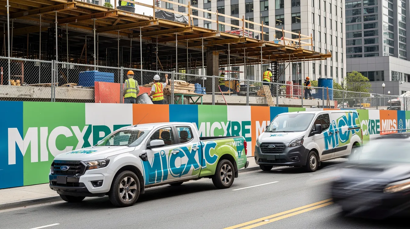 The image depicts a bustling construction jobsite featuring branded safety fencing and company vehicle graphics prominently displayed along a street, showcasing the marketing efforts of construction companies to build brand recognition and attract potential clients. This scene highlights the intersection of the construction industry and professional marketing strategies aimed at completing successful projects.