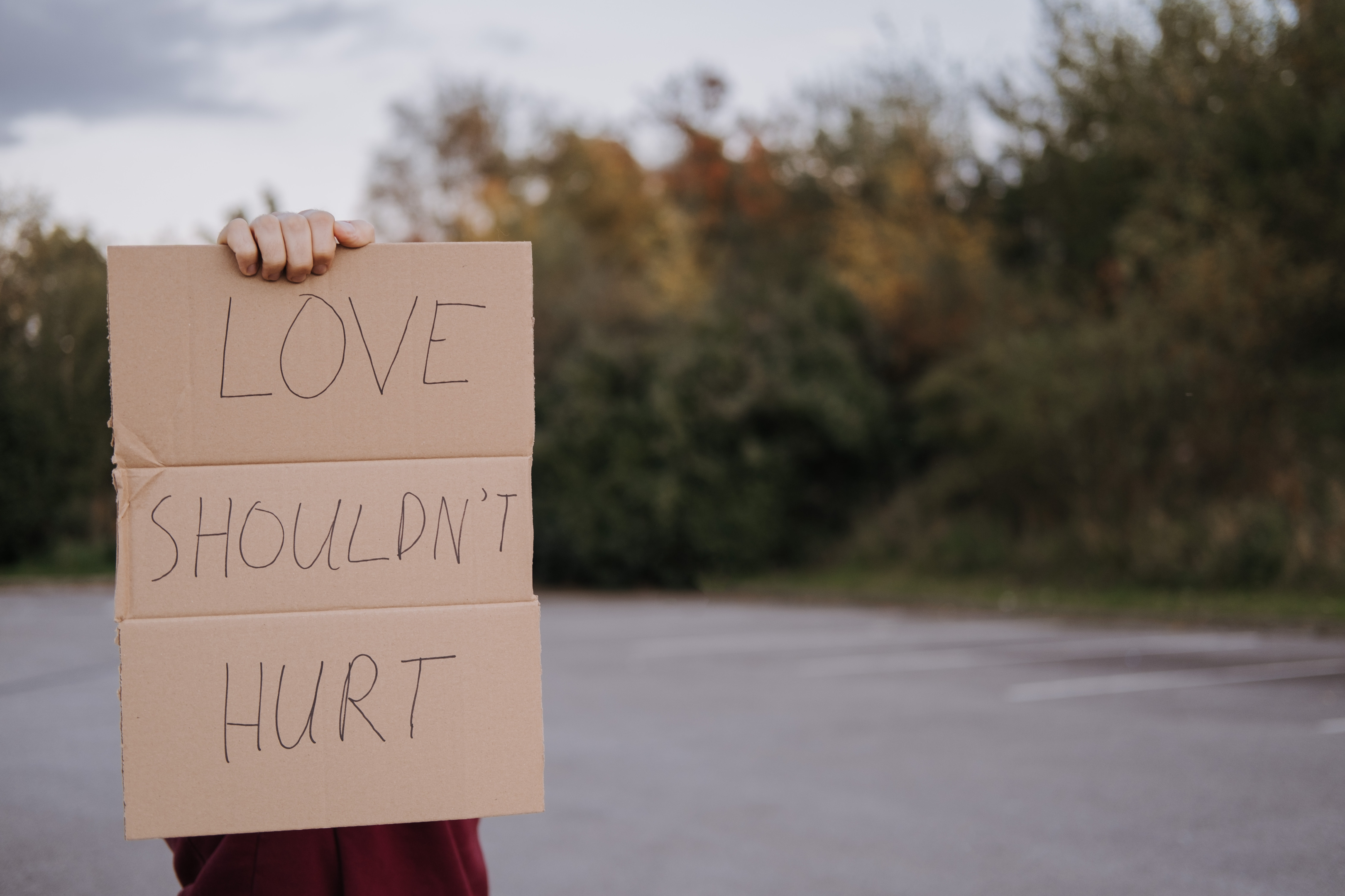 someone holding a cardboard sign that says "Love shouldn't hurt"