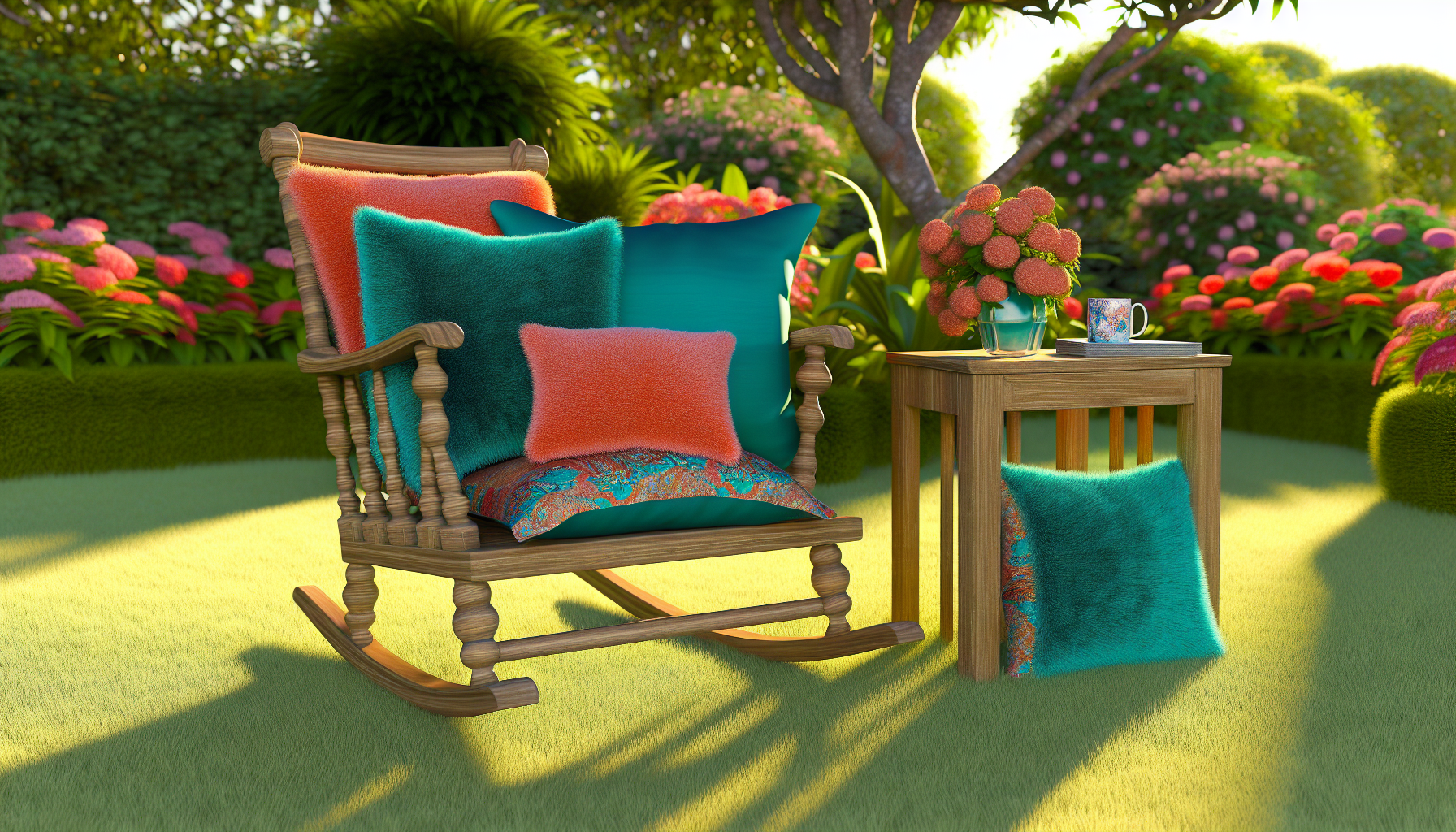 Outdoor rocking chair with comfortable cushions and a side table