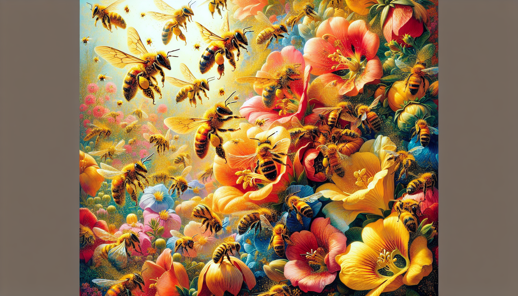 Illustration of bees pollinating colorful flowers