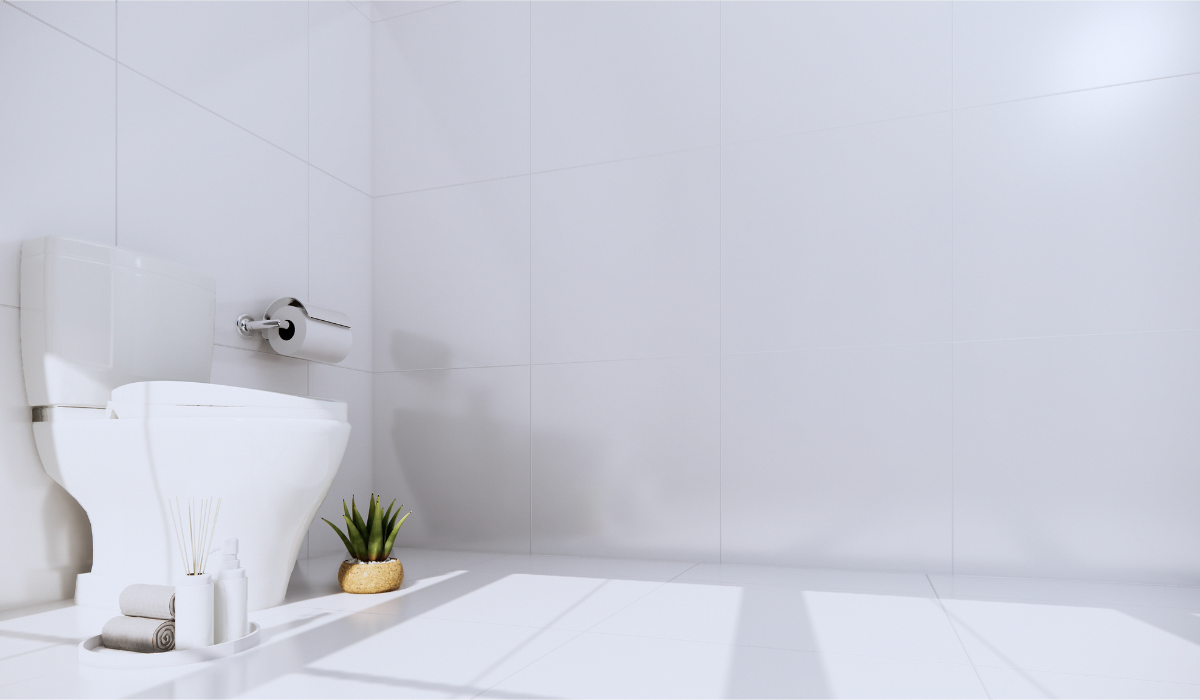 Large toilet space - white toilet and tiles - with toilet accessories
