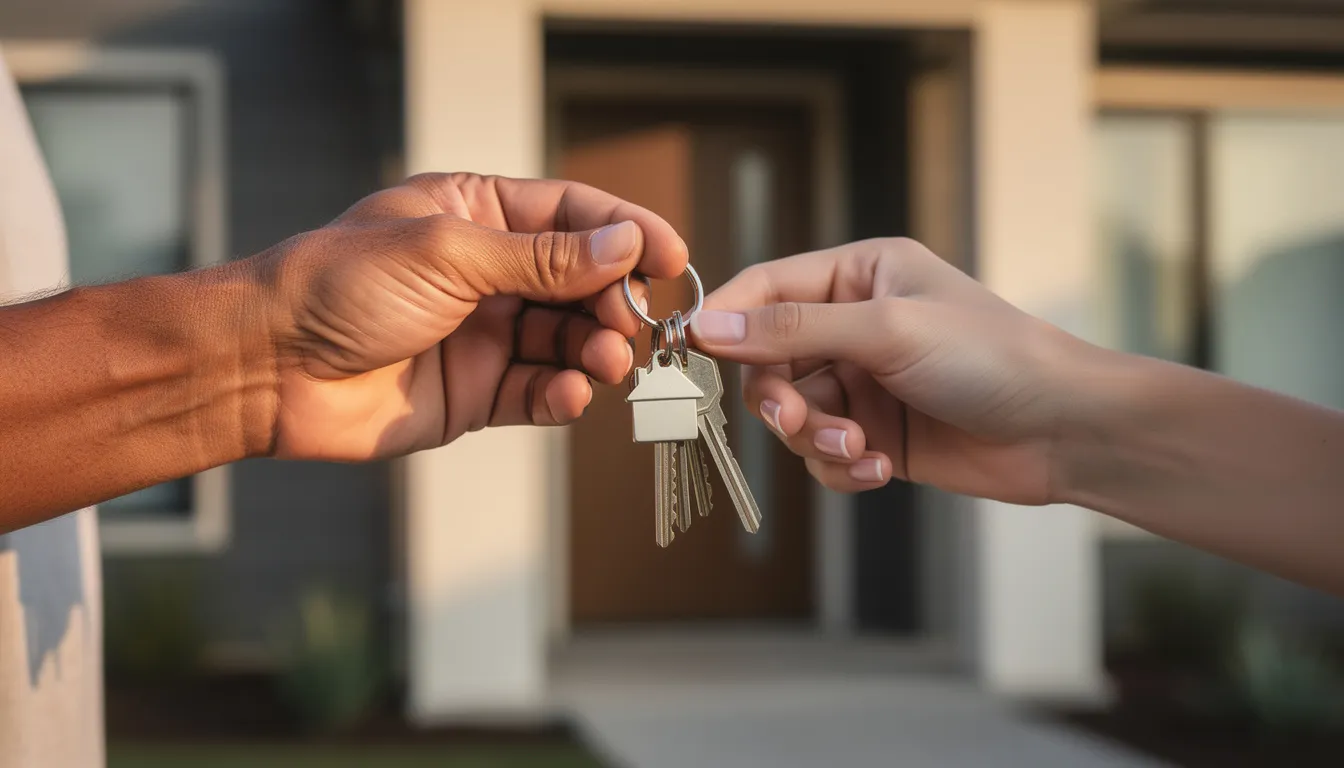 The image shows two people exchanging house keys, symbolizing a successful home sale. This moment reflects the competitive housing market, where buyers and sellers navigate factors like interest rates and home prices to finalize their contracts.