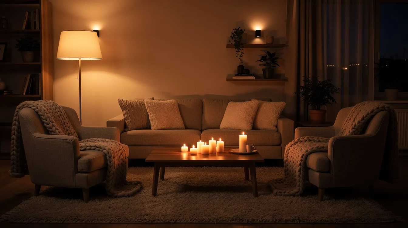 The image depicts a cozy living room illuminated by dim, warm lighting, with candles adorning a coffee table and inviting seating draped in throw blankets, creating a relaxed atmosphere perfect for hosting a stress-free dinner party. This inviting space sets the mood for friends and guests to gather, enjoy food and drinks, and share a fun evening together during the holiday season.