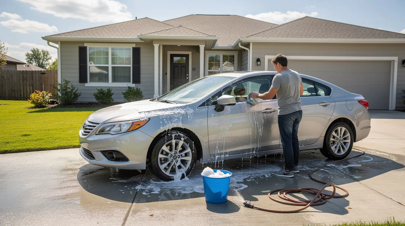 A person is washing a sedan in a clean residential driveway, showcasing a typical scene of car maintenance. The image highlights the importance of proper vehicle care, which is essential for anyone considering auto transport services in South Dakota.