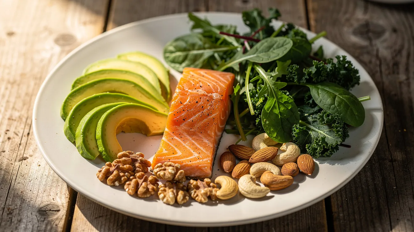 A vibrant plate showcases a beautifully arranged serving of salmon, creamy avocado, fresh leafy greens, and crunchy nuts, all set on a rustic table. This colorful dish not only looks appetizing but also represents a meal rich in healthy fats, which can support recovery after procedures like facial fat transfer.