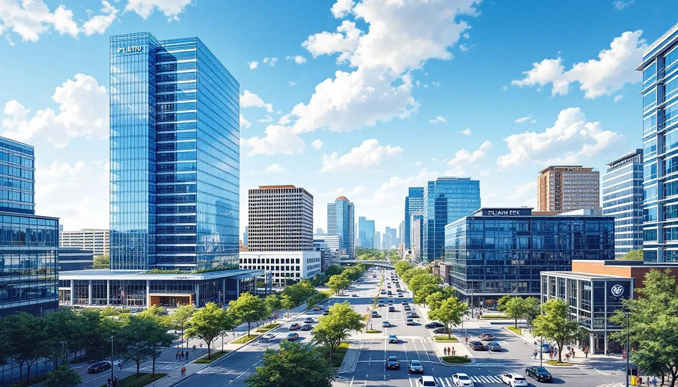 A bustling business district in Plano, TX with various companies.