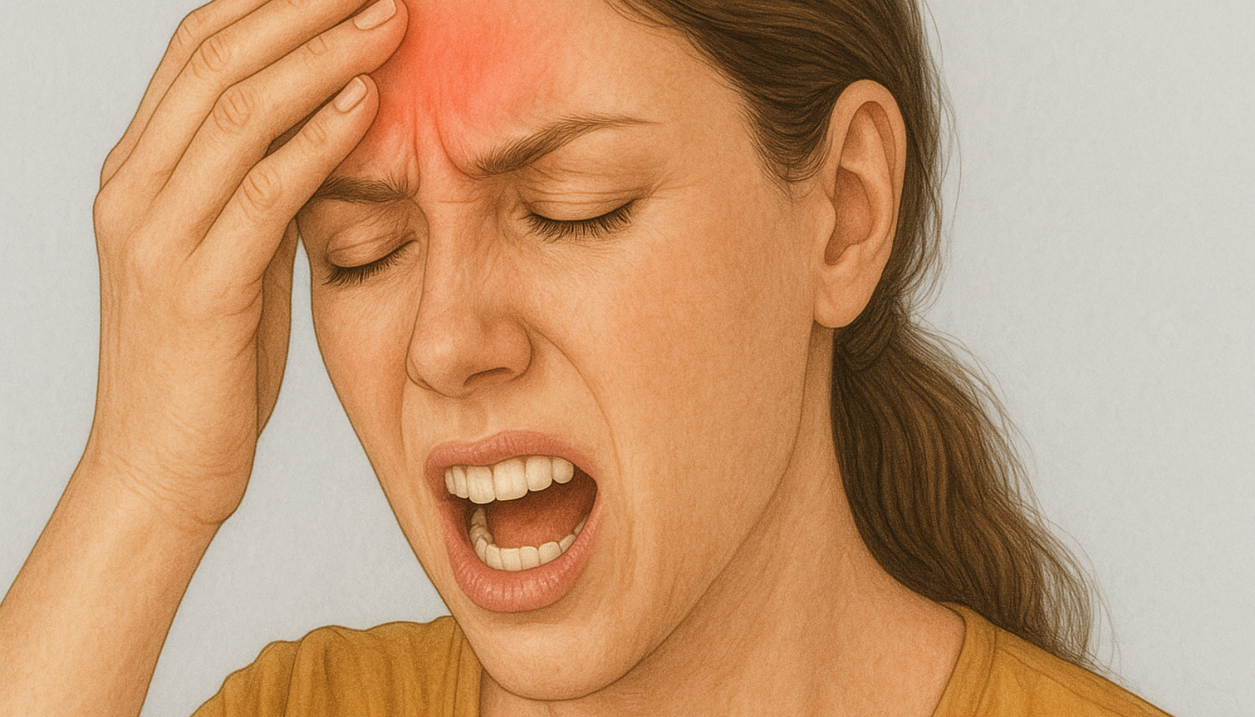Kvinne med tannverk og hodepine, holder hodet og kjeven, viser sammenheng mellom tannhelse og smerter.
