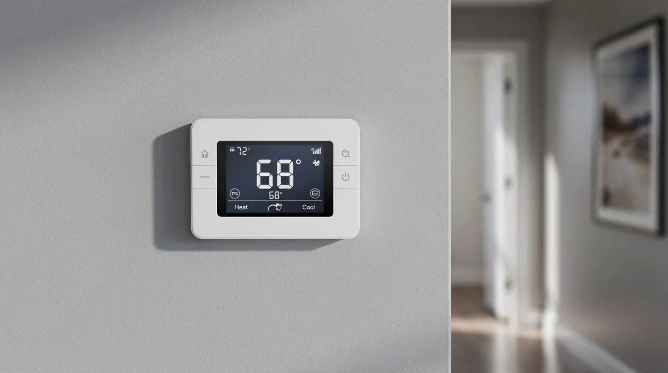 The image shows a residential thermostat mounted on an interior wall, displaying various temperature settings for heating and cooling. This device is crucial for managing a home's heating and cooling system, such as a heat pump, ensuring optimal performance and energy efficiency.