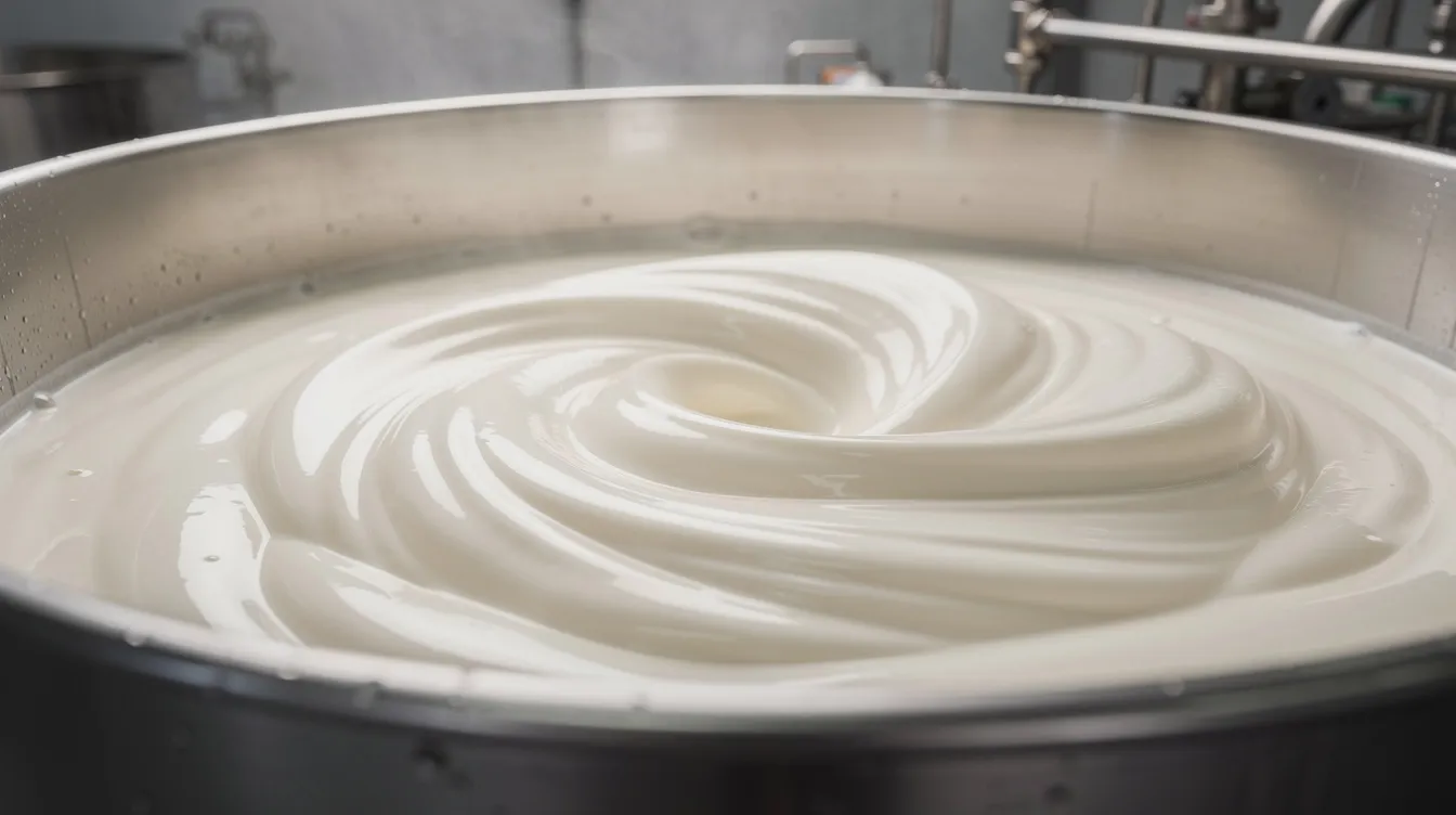 fb8884c7 e4c1 45ff b256 0ed6b3bb7bda A close-up view of cream being processed inside large stainless steel dairy processing vats, showcasing the intricate machinery involved in butter manufacturing. The image highlights the essential equipment and technology requirements used in the production of dairy products.