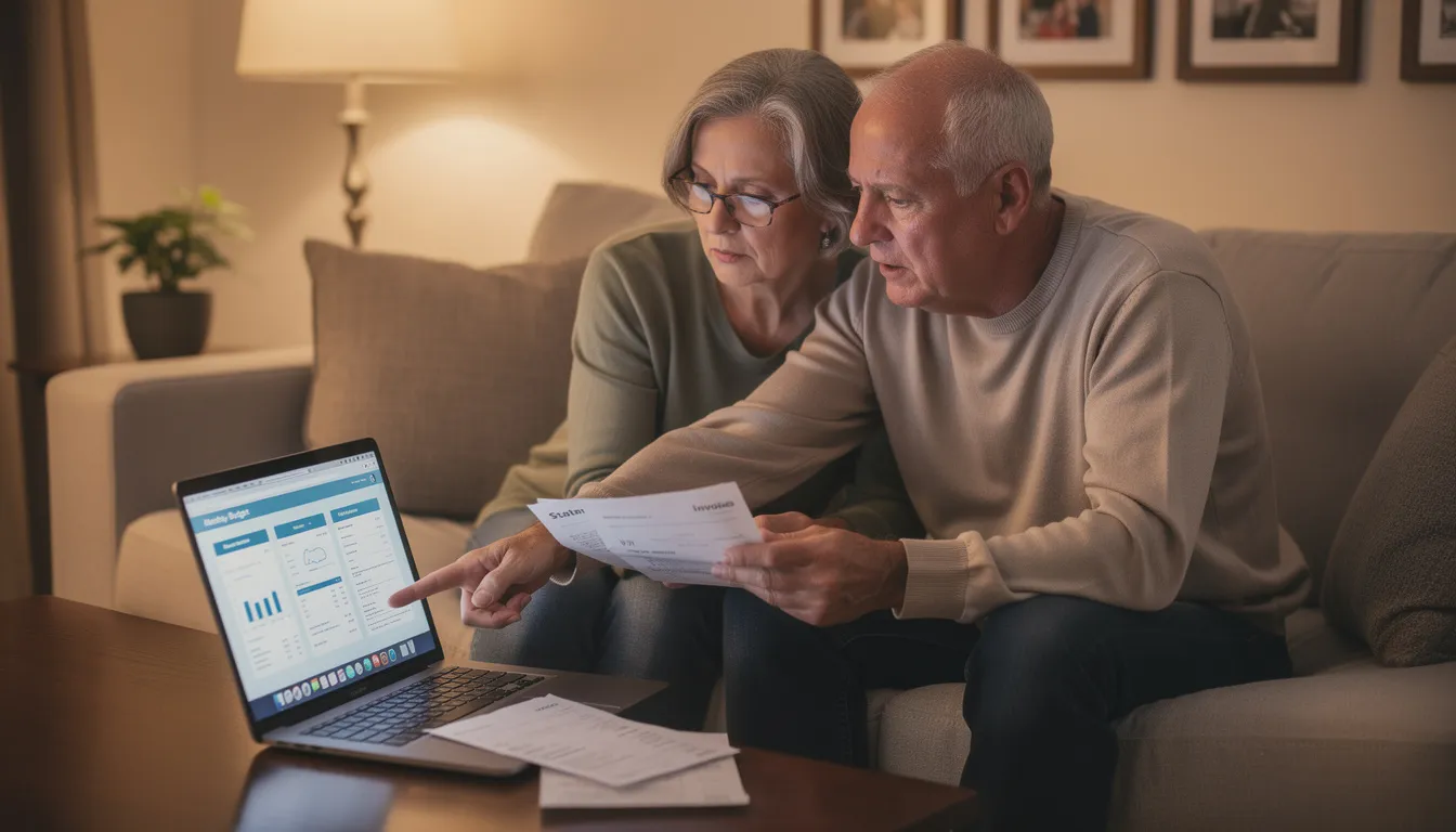 An older couple sits together in their cozy living room, reviewing financial documents on a laptop, discussing their retirement goals and planning tools. They appear focused as they assess their retirement savings and consider their investment strategy for future returns.
