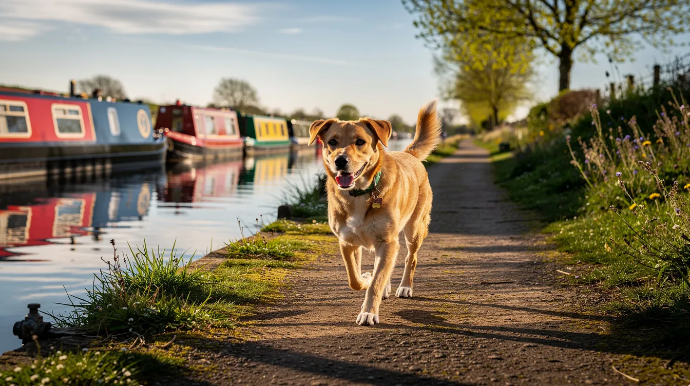 A cheerful dog strolls along a sunny canal towpath, surrounded by vibrant narrowboats, embodying the joy of a perfect day out in Islington. This dog-friendly area is ideal for four-legged friends and their humans to relax and enjoy the scenic views.