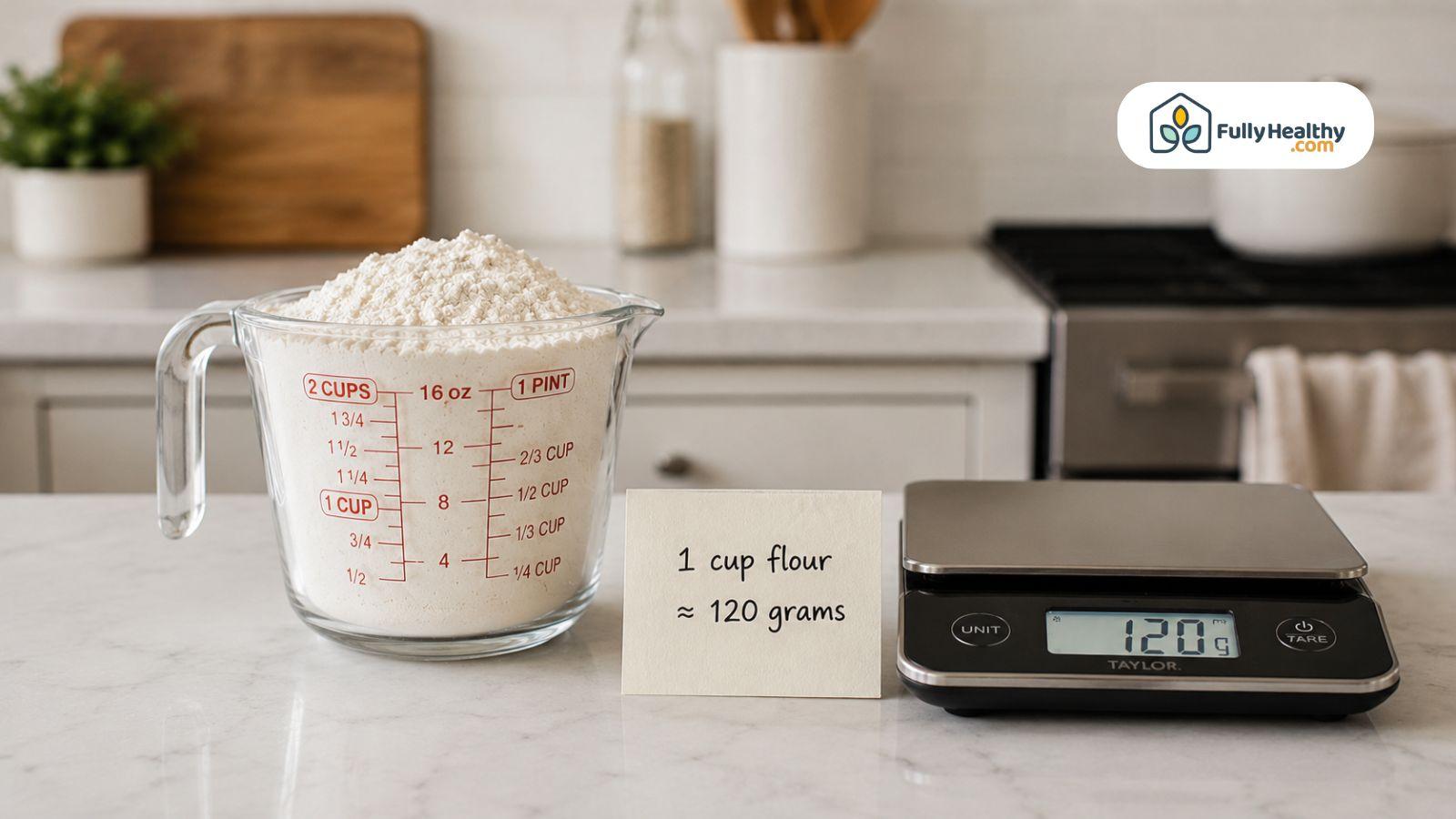 Wide kitchen scene flour jar eggs scale and measuring cup
