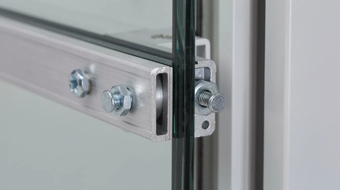 The image shows a close-up view of a security film anchoring system securely attached to a window frame, designed to enhance the protection of existing glass against forced entry and ballistic attacks. This installation is part of a cost-effective solution for safeguarding building occupants in populated areas.