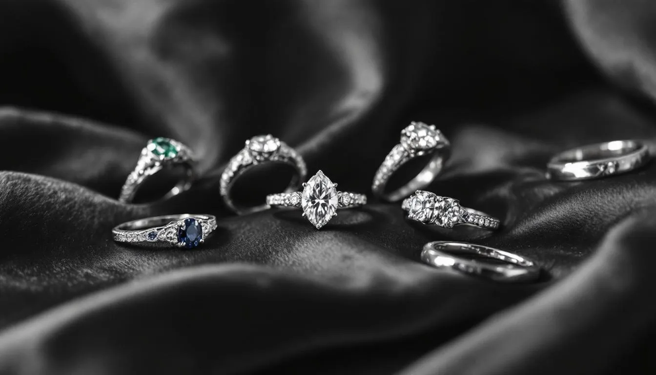 A selection of silver wedding rings with various stone options including cubic zirconia.